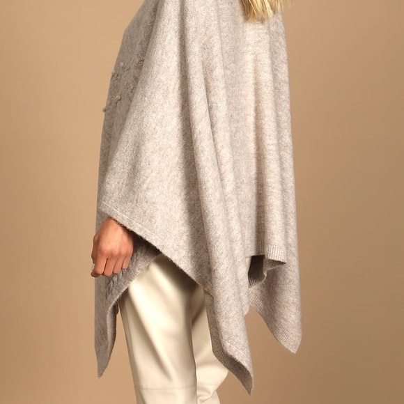 NEW Taupe Pom Pom Knit Mock Neck Poncho - Picture 4 of 5